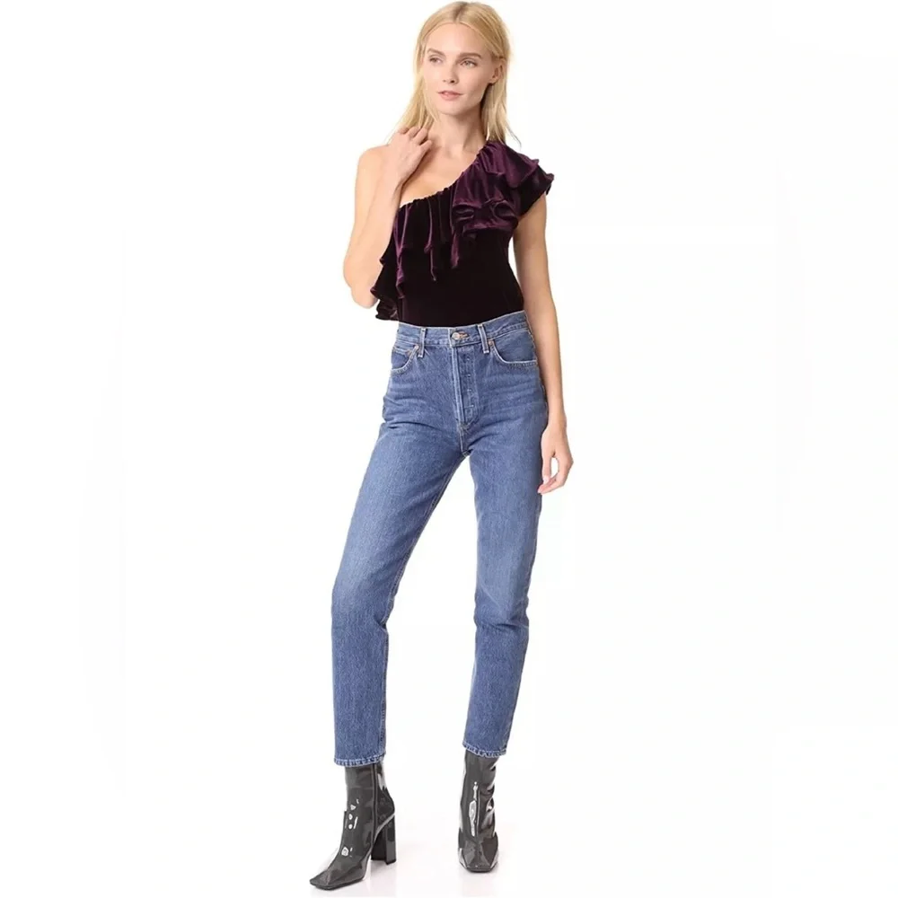 Misa Ruffle One-shoulder Velvet TopIn Plum Velvet Size S‎